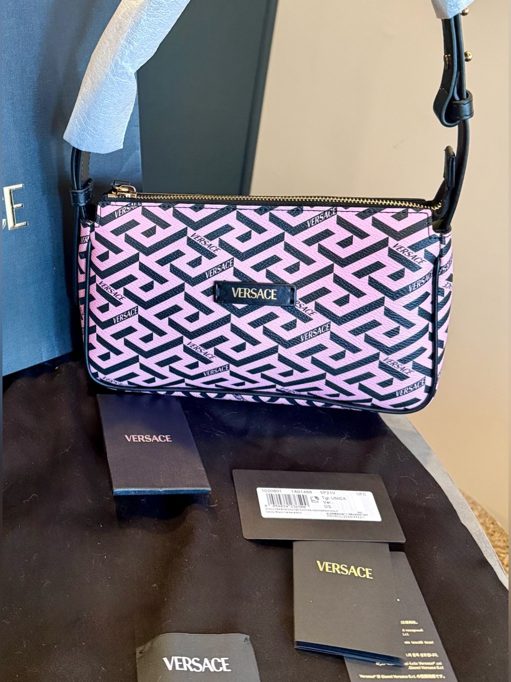 Versace La Greca Signature Shoulder Bag Pink Black Canvas Gold Metal Authentic - Picture 3 of 16